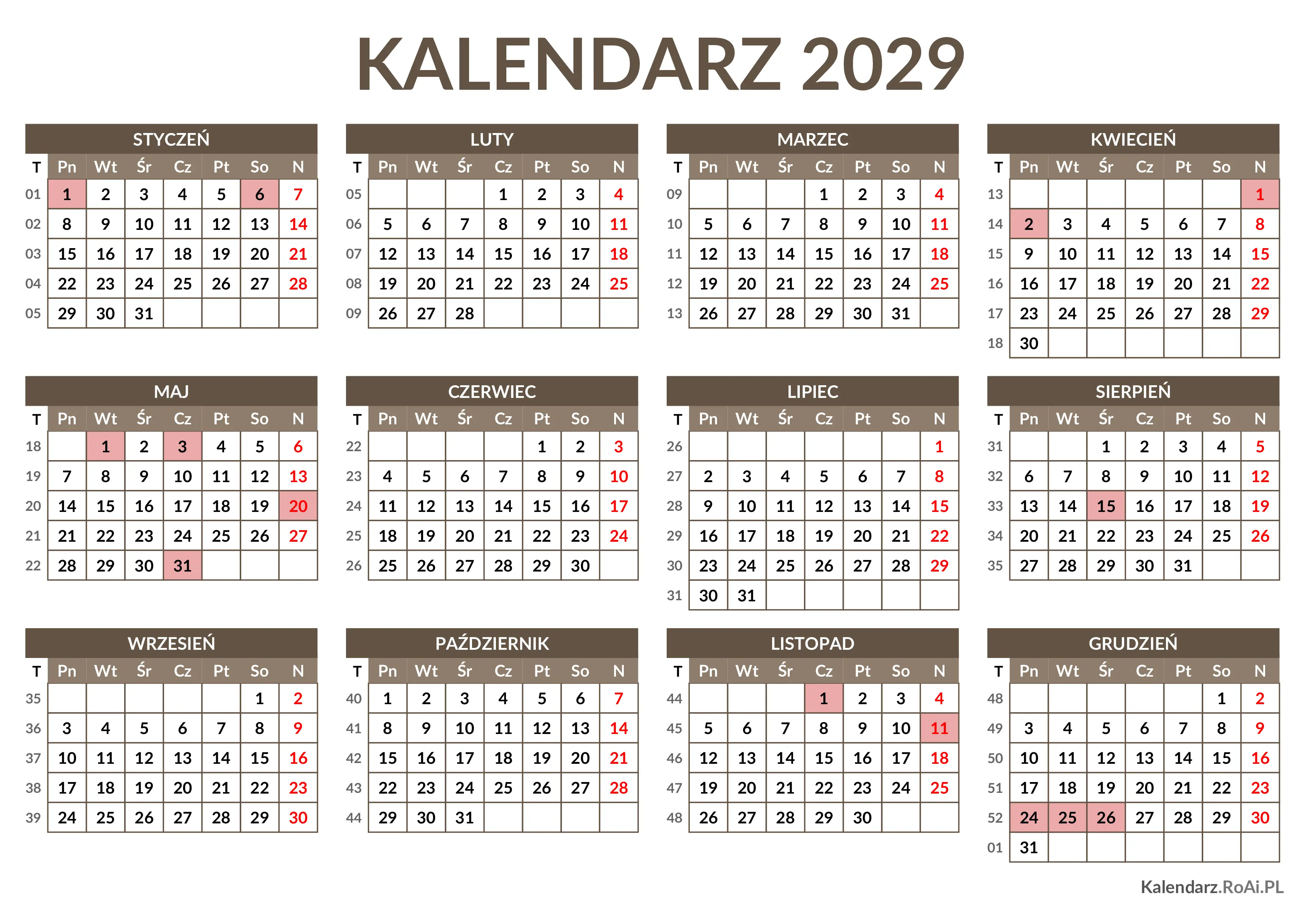 Kalendarz 2029