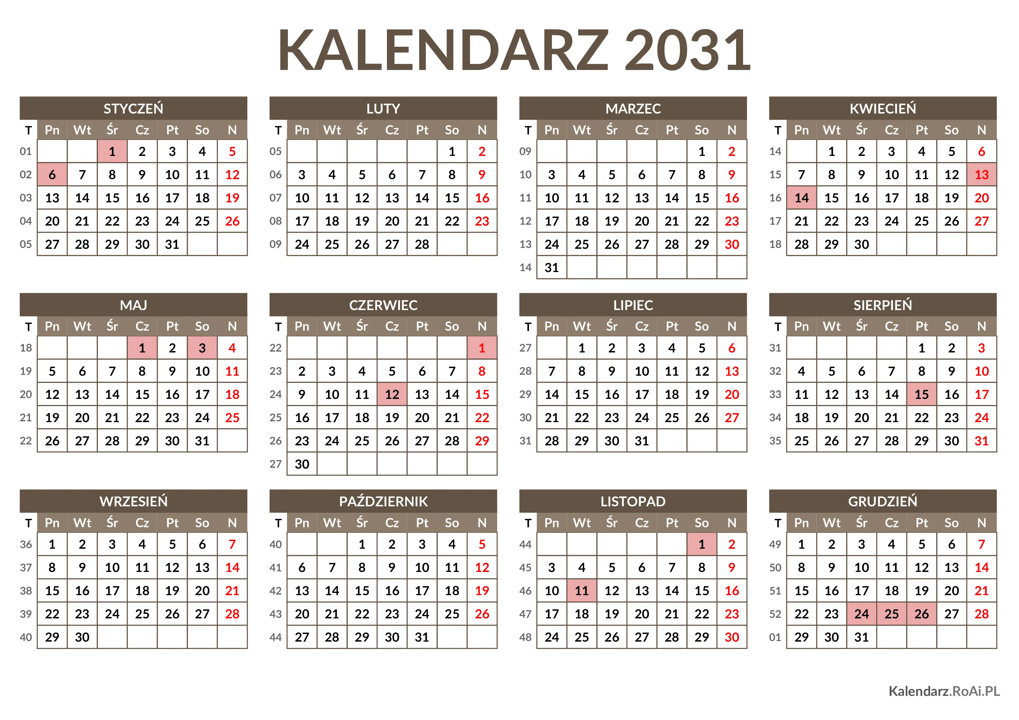 Kalendarz 2031