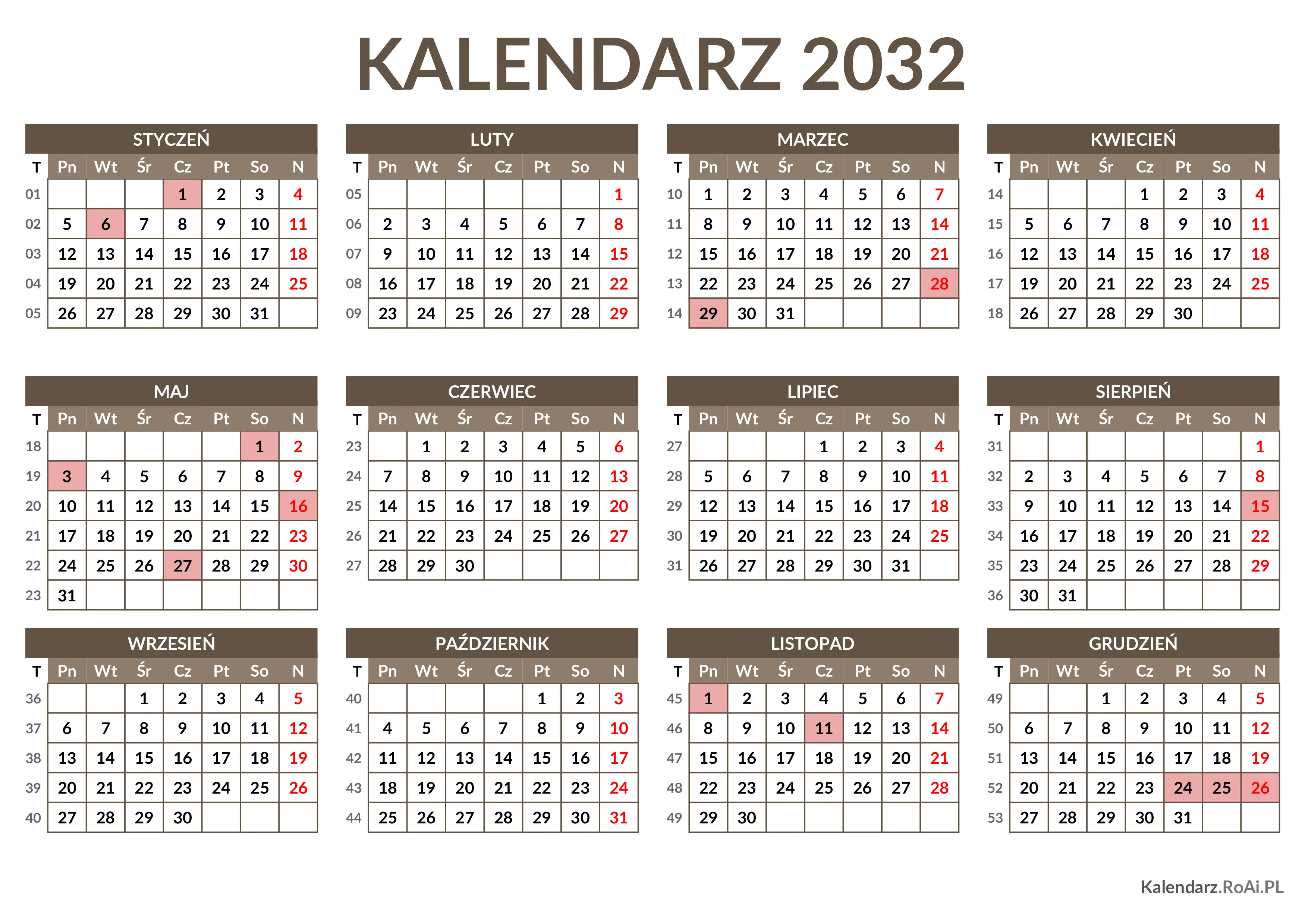 Kalendarz 2032