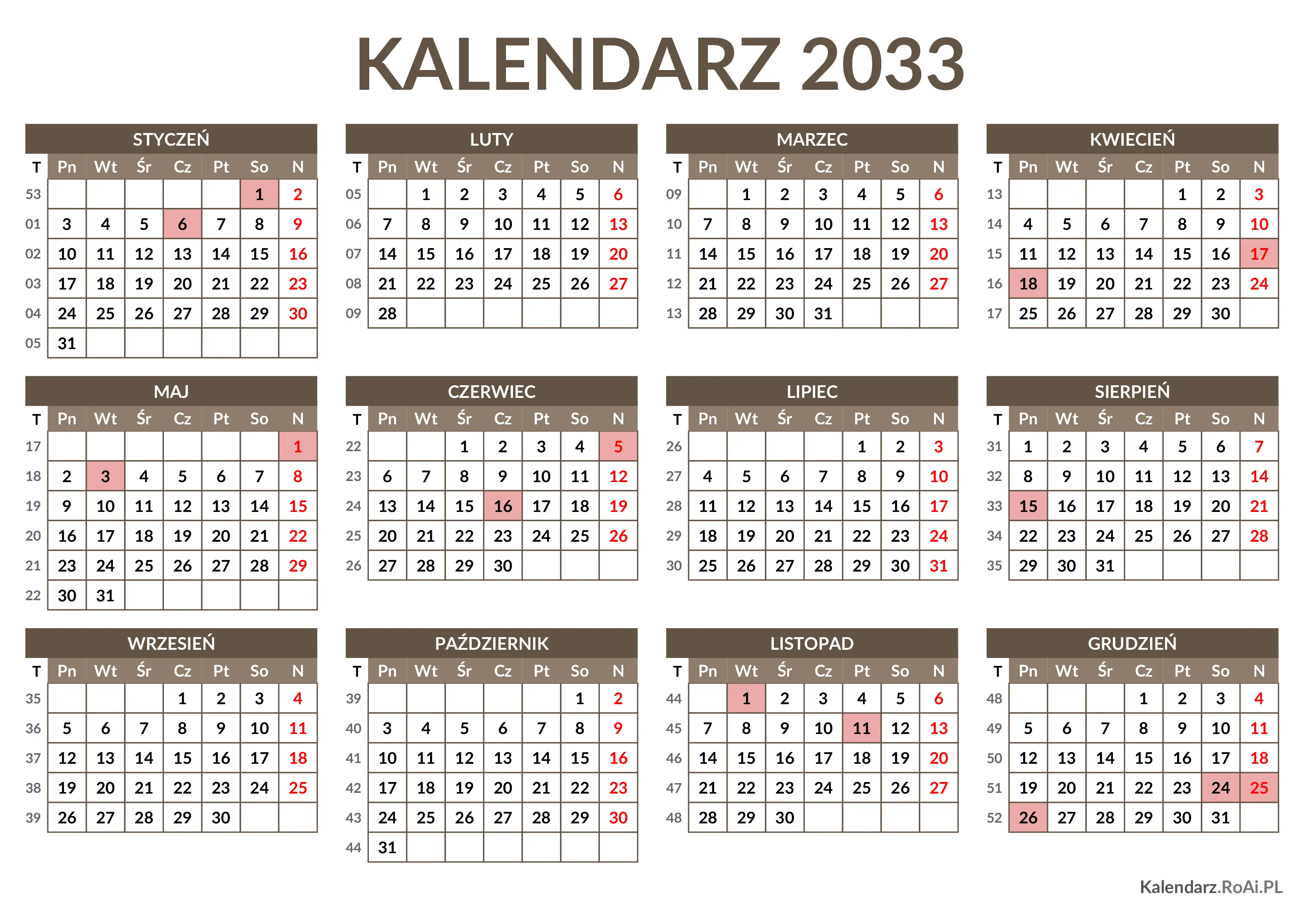 Kalendarz 2033