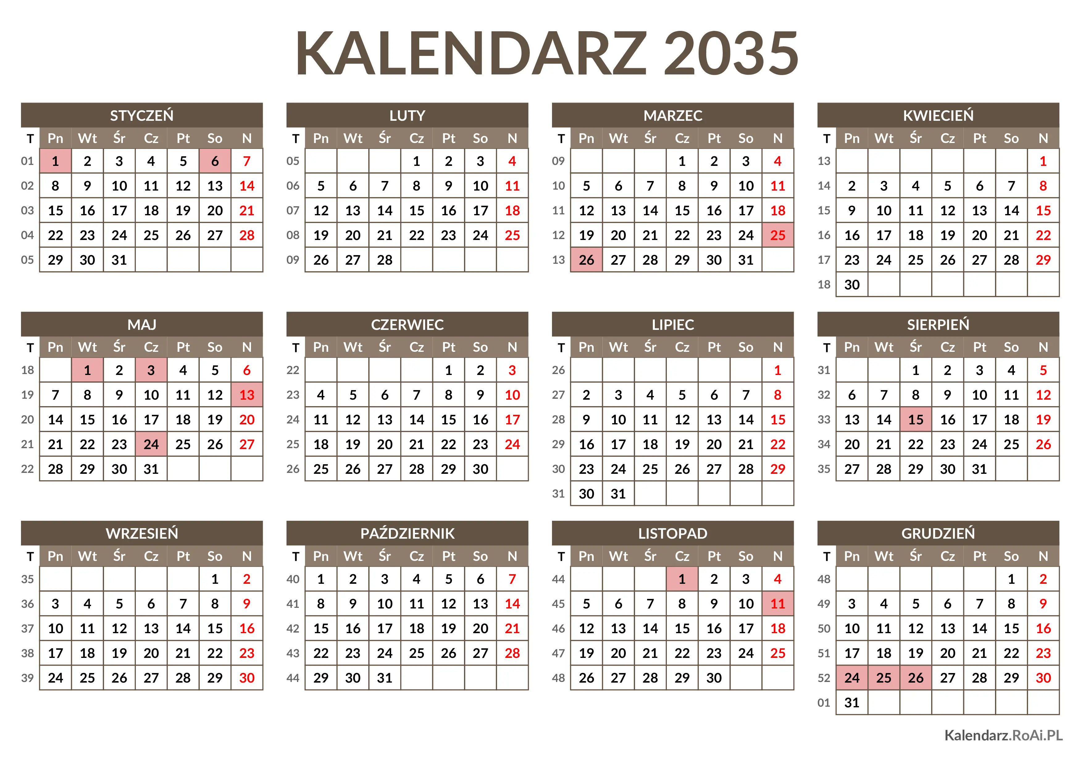Kalendarz 2035