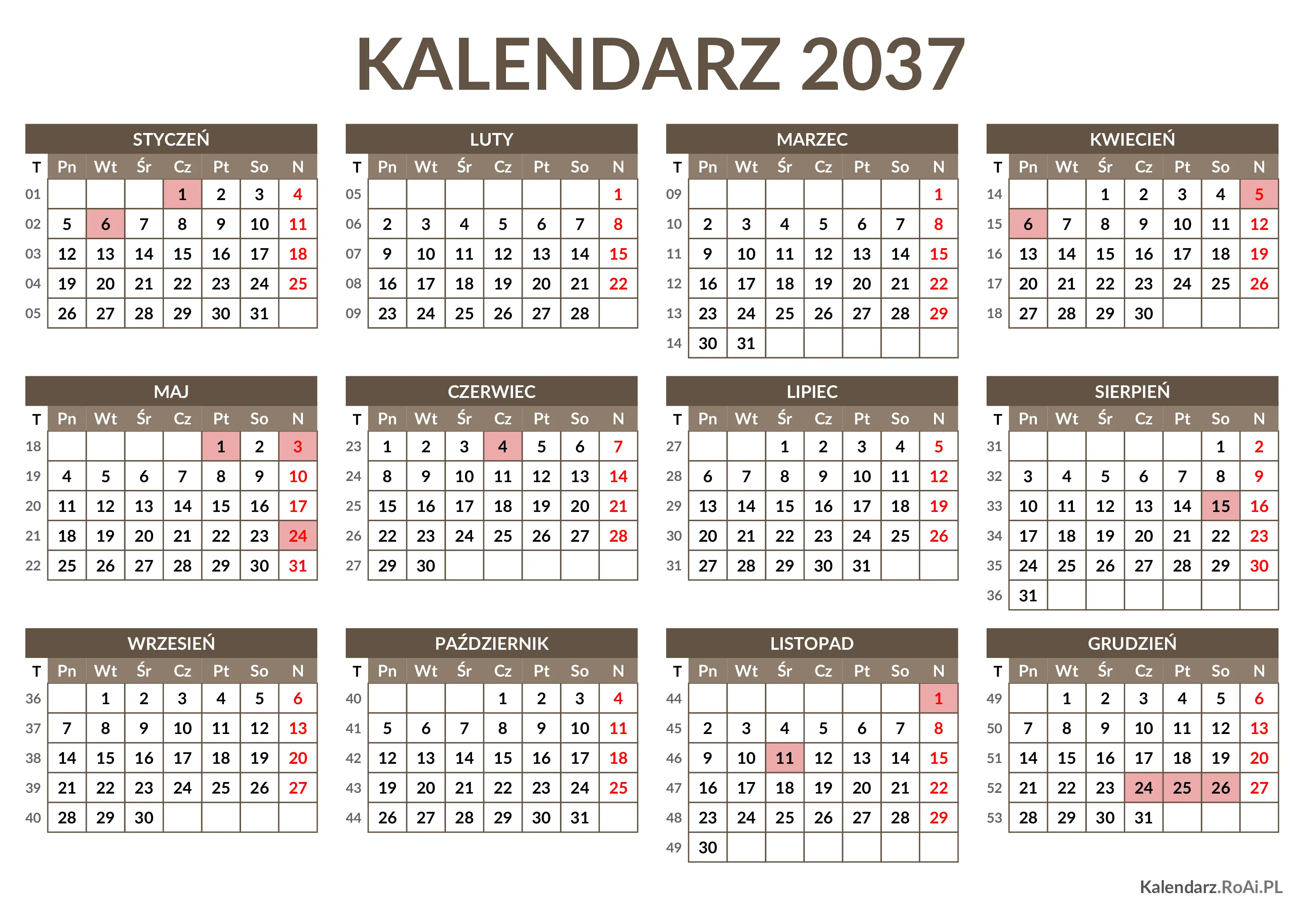 Kalendarz 2037