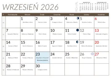 Kalendarz wrzesień 2026